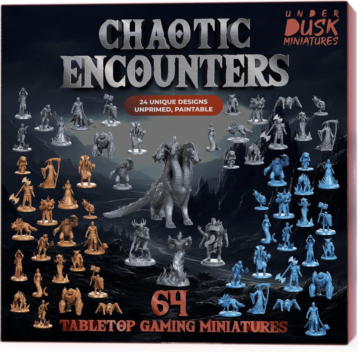 : Chaotic Encounters - 64 Unpainted Tabletop Miniatures for D&D, Pathfinder & Rpgs | Monster Figures Starter Pack with Stat Blocks