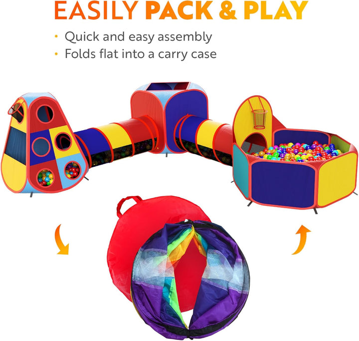 5Pc Kids' Play Tents & Tunnels - Ball Pit for Toddlers, Basketball Hoop, Crawling Tubes, Pop-Up Playhouses, Baby Obstacle Course for Indoor or Outdoor Use