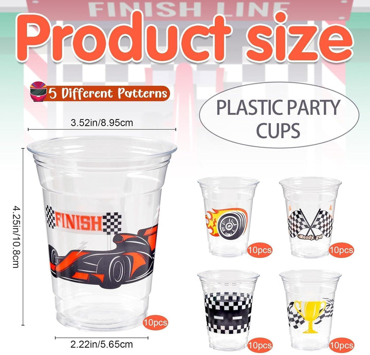 50 Race Car Birthday Party Decorations, 12Oz Checkered Flag Racing Party Disposable Plastic Cups for Boys Fast One Two Birthday Car Party Favors Supplies