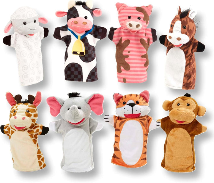 Animal Hand Puppets (Set of 2, 4 Animals in Each) - Zoo Friends and Farm Friends