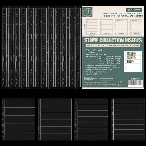 Stamp Collection Inserts - Collector Stamp Album 12 Sheets with 4 Mixed Sizes Single Side for Stamp Collection Binder Kit IS02MX112