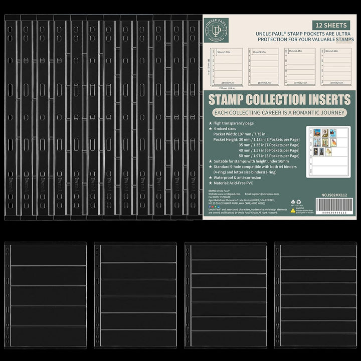Stamp Collection Inserts - Collector Stamp Album 12 Sheets with 4 Mixed Sizes Single Side for Stamp Collection Binder Kit IS02MX112