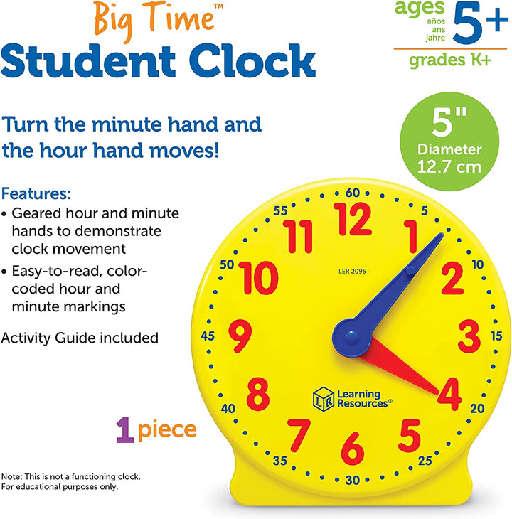 Big Time Student Clock, Teaching & Demonstration Clock, Develops Time and Early Math Skills, Ages 5+, Clock for Learning, 12 Hour,Back to School Gifts