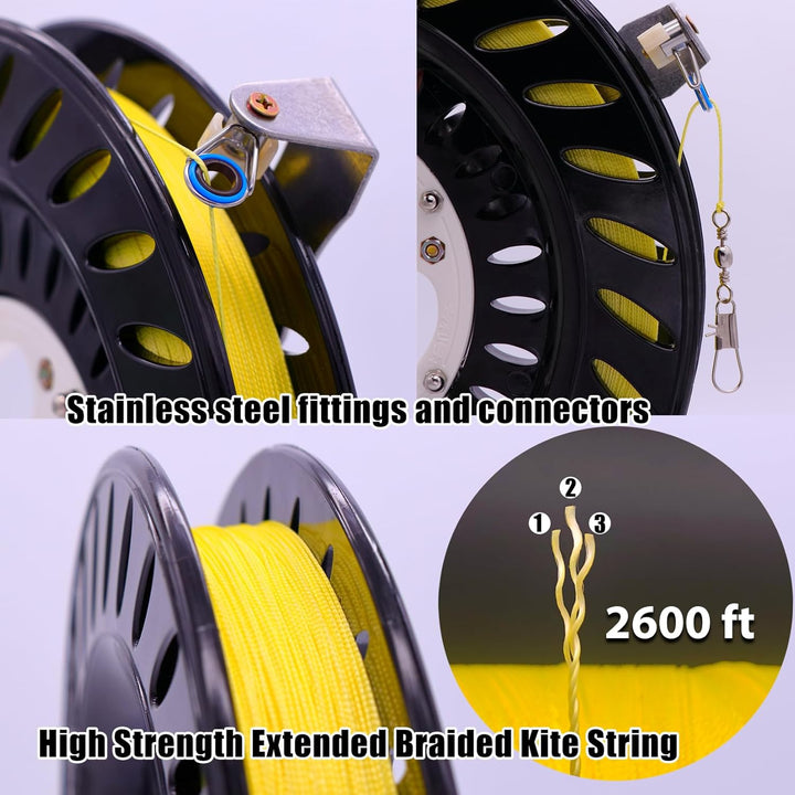 Kite Reel for Adults, 10.3 Inches Dia with 2600Ft String, Line Winder with Lock and Connector, Kite String Spool for Adults (Black)