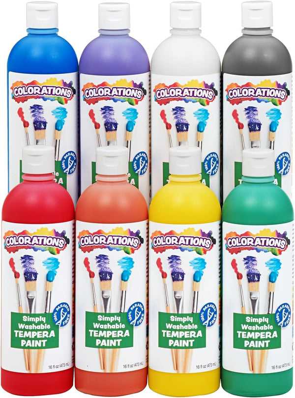Paraben-Free Simply Washable Tempera Paint, Rainbow plus 8 Pack, Matte Finish, Classroom Supplies, Vibrant Colors, Non-Toxic, Washes off Easily, School, Craft, Art Supply Set, Each 16Oz