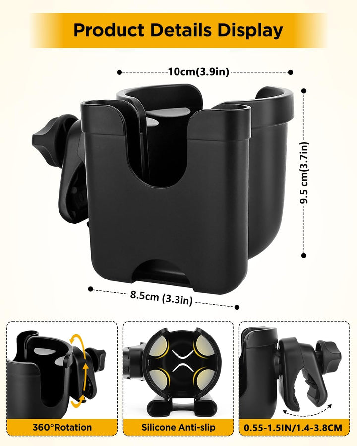Universal Stroller Cup Holder with Mobile Phone Case, 2-In-1 Strollers Storage Rack, 360 Degrees Rotation Drink Holder for Bike, Pushchair, Wheelchair, Walker,Bicycle, Fits Most Cups