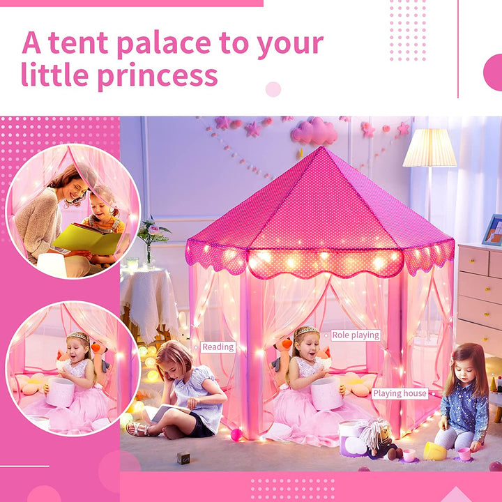 Princess Castle Tent for Girls Fairy Play Tents for Kids Hexagon Playhouse with Fairy Star Lights Toys for Children or Toddlers Indoor or Outdoor Games (Pink)