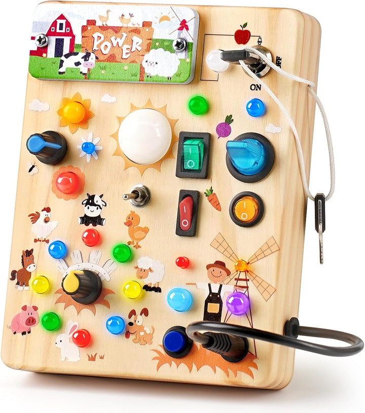 Montessori Busy Board Wooden Sensory Toys for Toddler with LED Light up Switch, Baby Fidget Board Travel Toys for 18+ Months, 1 2 3 Year Old Boys Girls Toddler Toy Gifts (Classic)