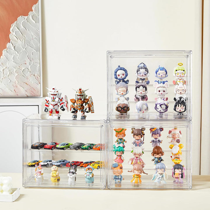 Clear Acrylic Display Case,2 Pack 3 Tier Adjustable Display Box Stand with 2 Movable Plates, Small Showcase Magnetic Door for Mini Action Figures Collectibles (Small