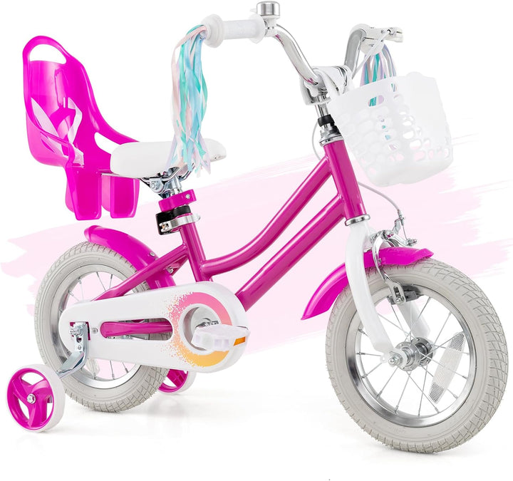Kids Bike, 12 14 16 18 Inch Girls Bike W/Training Wheels, Doll Seat, Streamers, Handbrake & Coaster Brake, Fully Enclosed Chain, Princess Style Children Bicycle, Gift for Girls 3-8