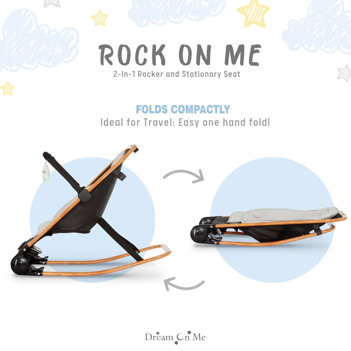 Rock with Me 2-In-1 Rocker and Stationary Seat | Compact Portable Infant Rocker with Removable Toys Bar & Hanging Toys in Black & Grey
