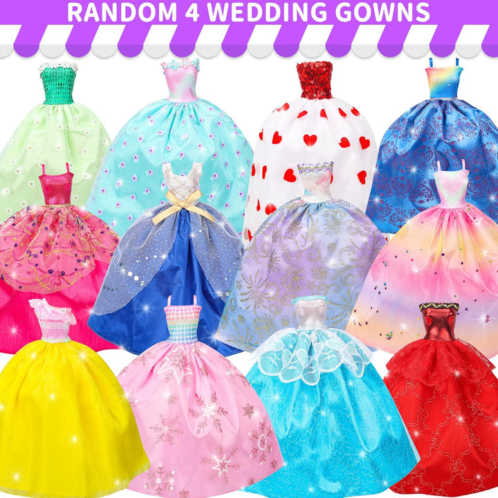 70 Pcs Doll Clothes and Accessories,4 Wedding Gowns 2 Evening Dresses 8 Fashion Dresses 6 Set Casual Outfit Top and Pant 2 Swimsuit,18 Hanger 10 Shoe 20 Accessories Toys for Girls Kid Gift