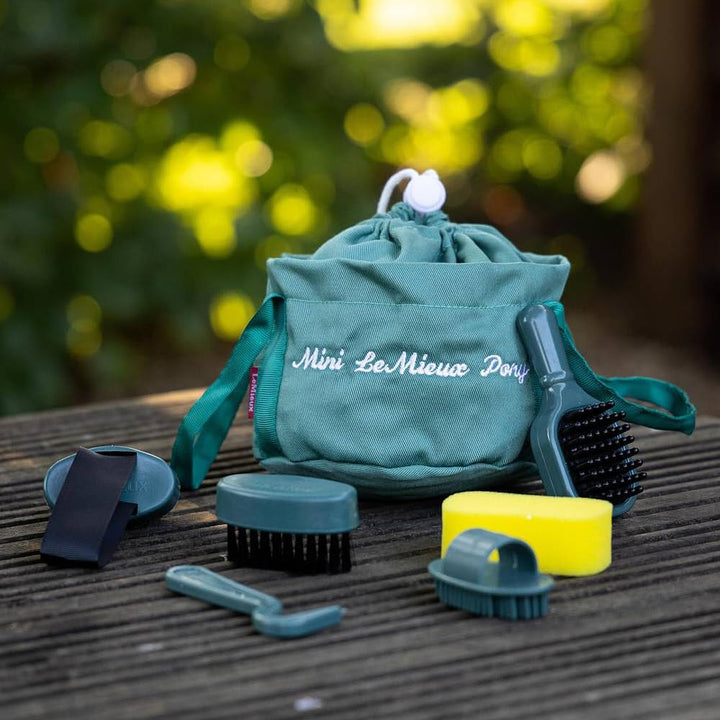 Toy Pony Grooming Kit Sage - Includes Brushes, Curry Comb, Sponge, Tangle Tidy & Hoof Pick - Store in Mini Drawstring Grooming Bag - Suitable for Ages 3+