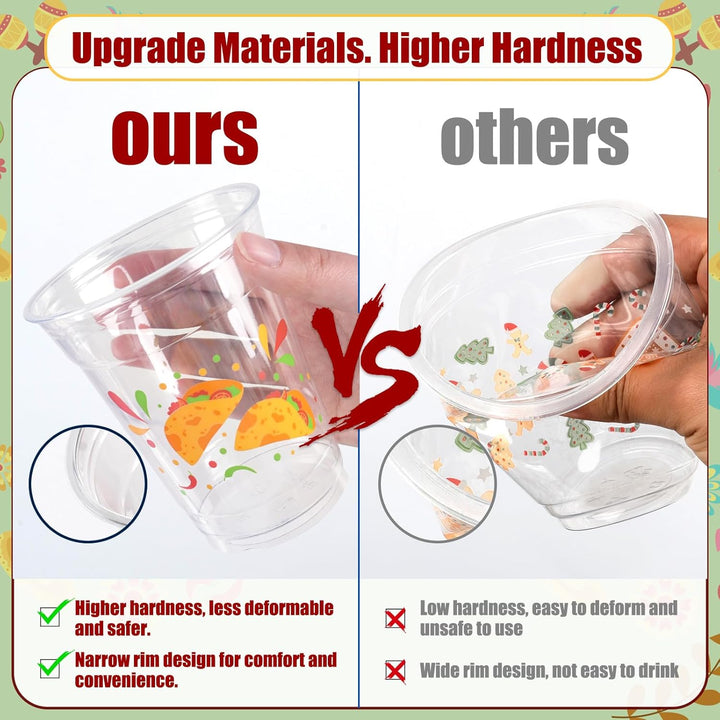 50Pcs Fiesta Cups,12Oz Plastic Disposable Clear Mexican Cups with 5 Pattern Designs for Cinco De Mayo Drinkware Party Supplies Taco Birthday Party Decorations