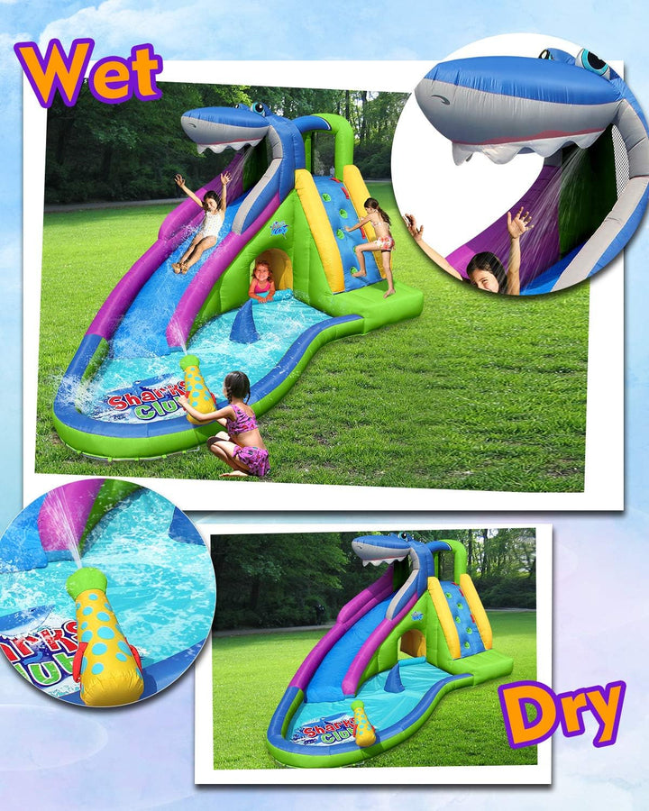 Inflatable Water Slide, Shark Bounce House with Slide for Wet and Dry, Playground Sets for Kids Backyard, Water Spray & Water Pool, Durable Sewn with Extra Thick Material