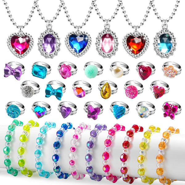 36Pcs Princess Play Jewelry Set for Little Girls Ages 4-6, Kids Costume Dress up Jewelry Necklace Bracelet Rings for Toddlers, Childrens Princess Birthday Party Favors Gift 3-5 4 5 6 7 8 Year Old Girl