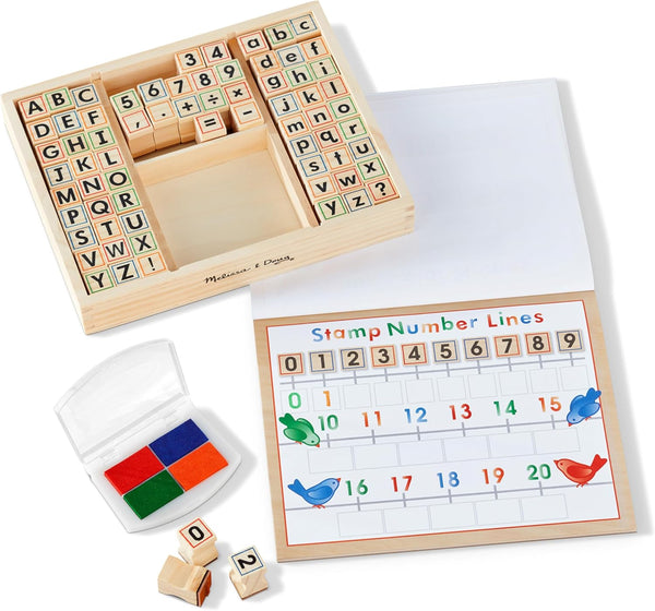Deluxe Letters and Numbers Wooden Stamp Set Abcs 123S with Activity Book, 4-Color Stamp Pad - FSC Certified