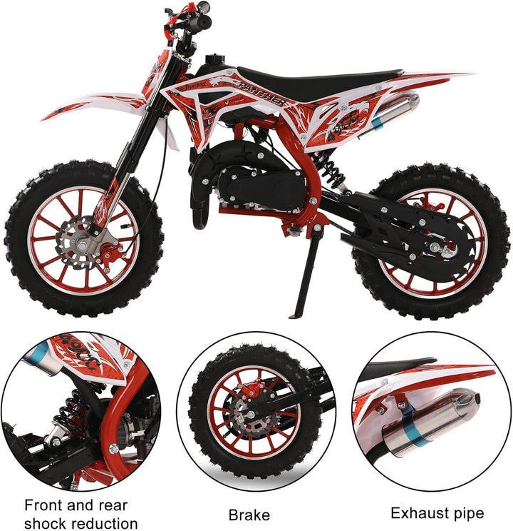 Kids Dirt Bike 50CC 2-Stroke Youth Pit Bike - Off-Road Gas Dirt Motorcycle with Pull Start Gas Power Motocross Children Pocket Motorbike (USA Stock) Max Speed 40KM/H 330LBS Red