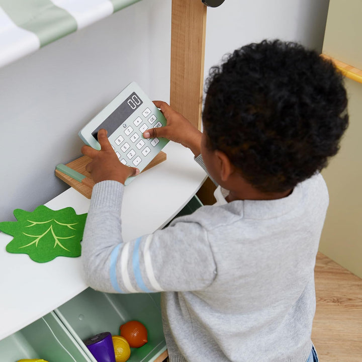 Little Helper Wooden Farmer'S Market Stand with Pretend Cash Register and 6 Plastic Storage Bins, Green, TD-13638A-AMZ
