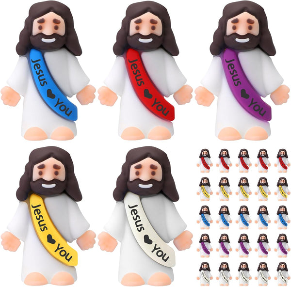 25 Pcs Little Jesus Figures Original Design Jesus Love You Mini Rubber Toys to Hide and Seek Religious Party Favors Sunday School Baptism Gifts(Lively Colors)