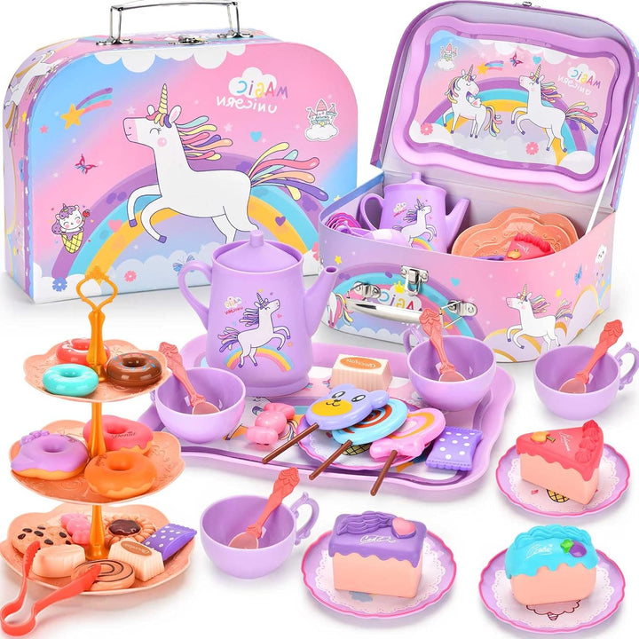 Kids Plastic Tea Party Set for Toddlers & Girls Ages 3-8 – Princess Pretend Play Kitchen Toy with Carrying Case, Teapot, Cups, Saucers, Dessert Toys & Tray | Gift for Little Girls Birthday