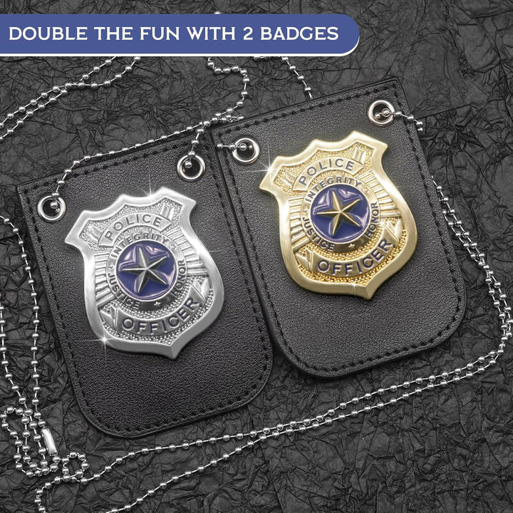 2 PCS Police Badge Pretend Play Toys Set with Chain and Belt Clip for Kids Dress up Game, Detective Role Play