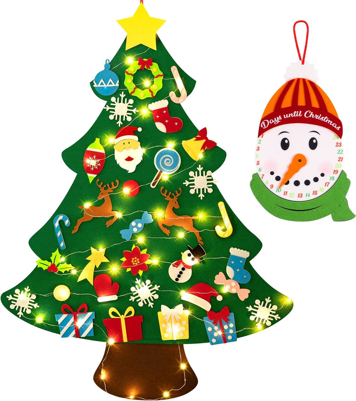 3Ft DIY Felt Christmas Tree Set + Snowman Advent Calendar - Xmas Decorations Wall Hanging 33 Ornaments Kids Gifts Party Supplies