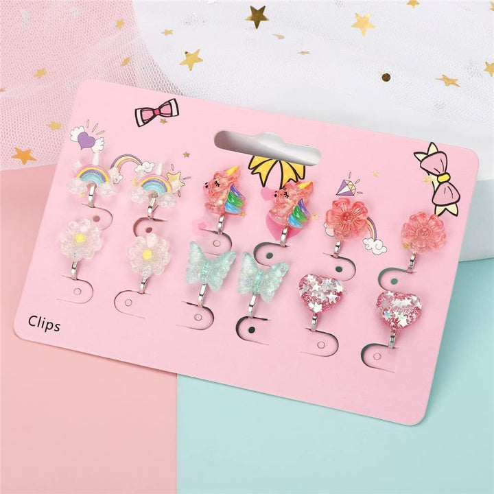 6Pairs Crystal Unicorn Clip on Earrings for Little Girls, Rainbow Clip-On Jewelry Butterfly Earrings Toddler Girls Dress up Jewelry