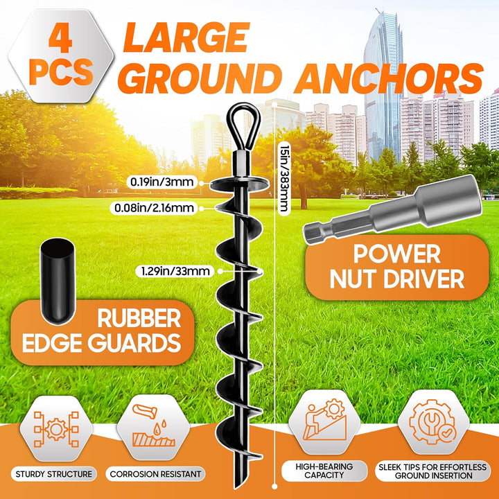 [Premium] 4 Pack Ground Anchors with Power Nut Driver Drill Bit, Ground Anchors Screw In, Swing Set Anchors, Trampoline Anchors High Wind Heavy Duty for Camping Tents, Car Ports, Swing Sets, Canopies