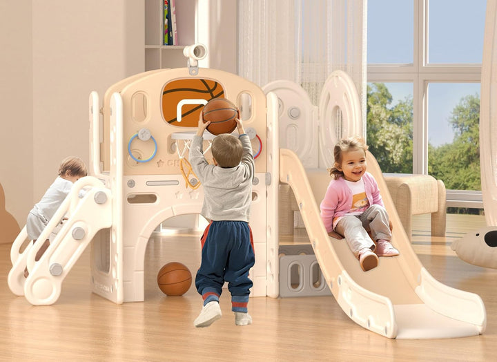 8 in 1 Toddler Slide Set, Kids Slide for Toddlers Age 1+, Toddler Climber Slide Playset with Basketball Hoop and Ball,Outdoor Indoor Playground for Toddlers 1-3 (Beige Grey, 8 in 1)