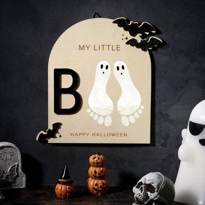 Baby'S First DIY Footprint Art Wooden Milestone Card Keepsake Little Boo Sign Nursery Decorative Ornaments for Baby Shower Newborn Photoshoot Prop(Halloween Classic)