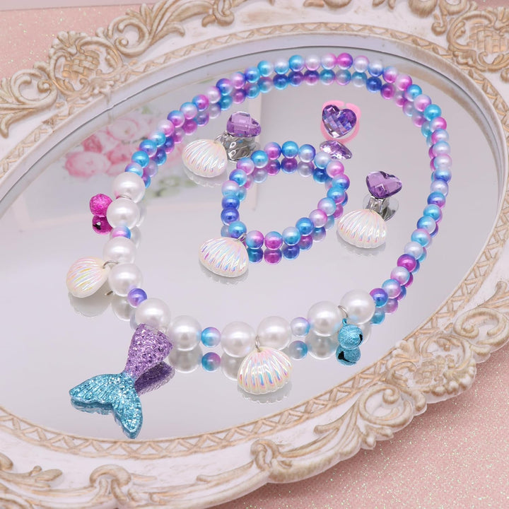2 Sets Mermaid Jewelry Set for Girls, Princess Accessories for Dress-Up, Birthday Party & Costume Play Mermaid Necklace, Bracelet, Ring & Earrings for Girls Age 3-8