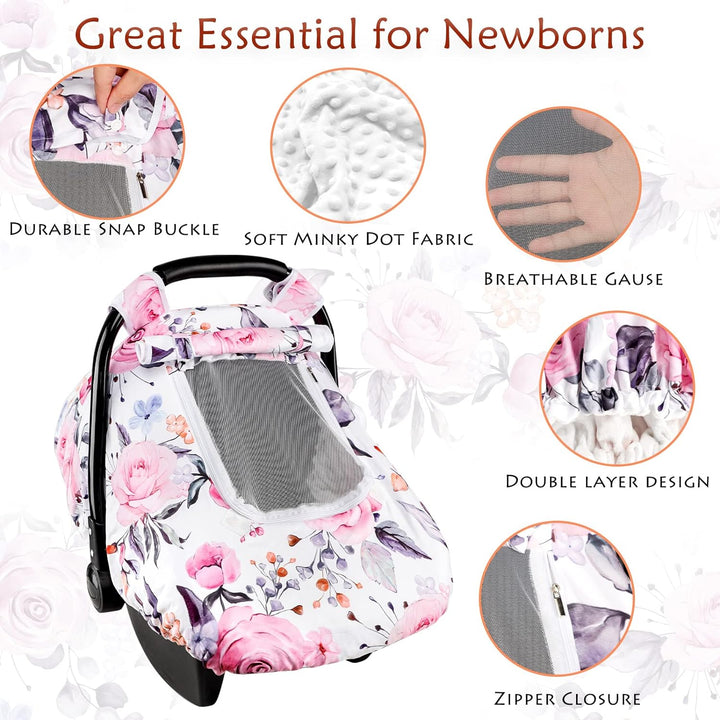 Floral Baby Carseat Cover Girls,  Infant Car Seat Covers Canopy for Newborn with 2 Layers Windows of Breathable Mesh/Fabric, Lightweight Polyester/Minky Dot Backing, Snug Fit Most Baby Car Seat