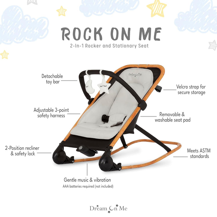 Rock with Me 2-In-1 Rocker and Stationary Seat | Compact Portable Infant Rocker with Removable Toys Bar & Hanging Toys in Black & Grey