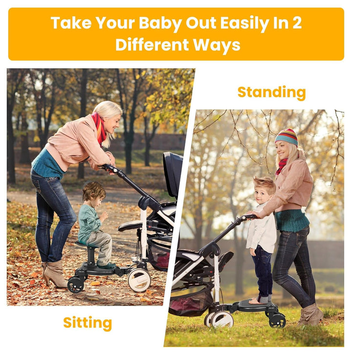 Universal Stroller Board with Detachable Seat, 2-In-1 Stroller Ride-On Board for Toddler, Fits Most Stroller Brands, Sit and Stand Stroller Attachment, Holds up to 55 Lbs for Kids Ages 3-7
