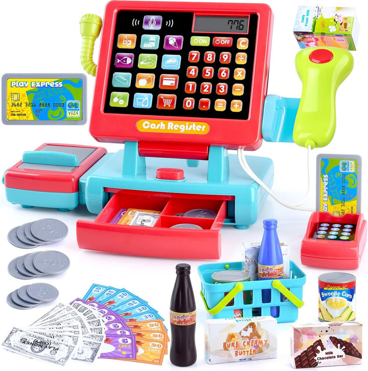 Kids Cash Register Toy - Pretend  Calculator Register Toys with Microphone/Conveyors/ Money/Scanner/Credit Card/Cans/Drink, 3+ Toddler Develops Early Math Skills Learning Toys