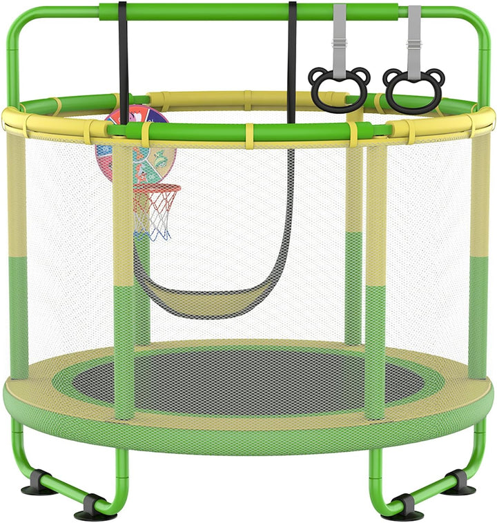 60" Trampoline for Kids, 5Ft Toddler Mini 6-In-1 Trampoline Indoor Outdoor with Swing, Basketball Hoop, Dart Board, Gymnastics Bar, Rings, Christmas Toys Birthday Gifts for Girls Boys Age 3-8