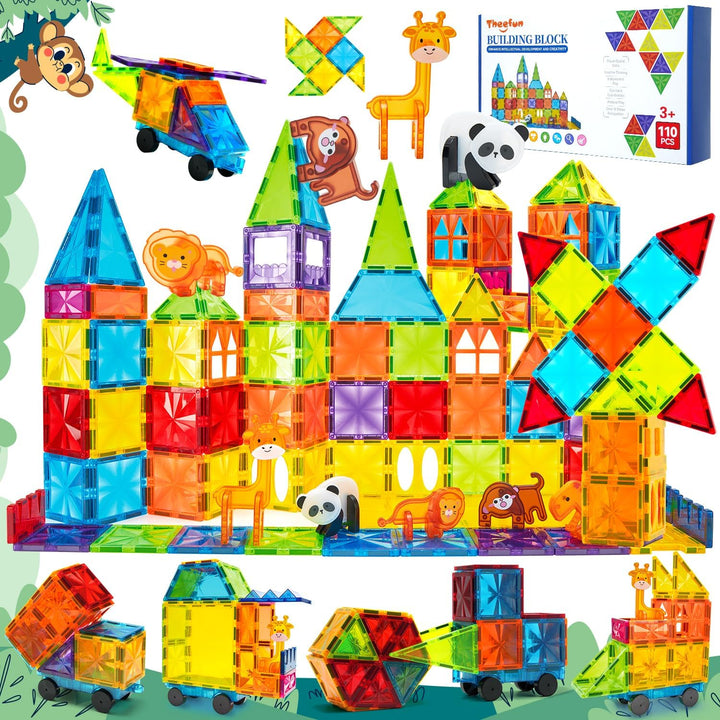 Magnetic Tiles 110PCS 3D Animals Magnet Tiles with 2 Cars Kids Magnetic Building Blocks STEM Educational Magnet Toy Construction Playboards Toys Gifts for Boys Girls Toddlers 3 4 5 6 7 8 9 Year Old