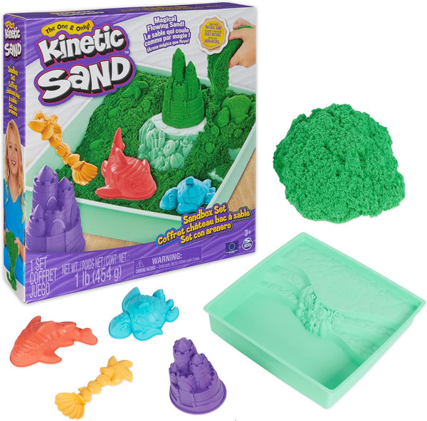 , Sandbox Set with 1Lb Green Play Sand, 4 Tools & Molds, Storage, Sensory Toys for Kids Ages 3 and Up