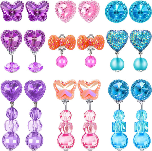 9 Pairs Girls Clip on Earrings Pretend Princess Play Earrings Jewelry Set (Lovely Colors)