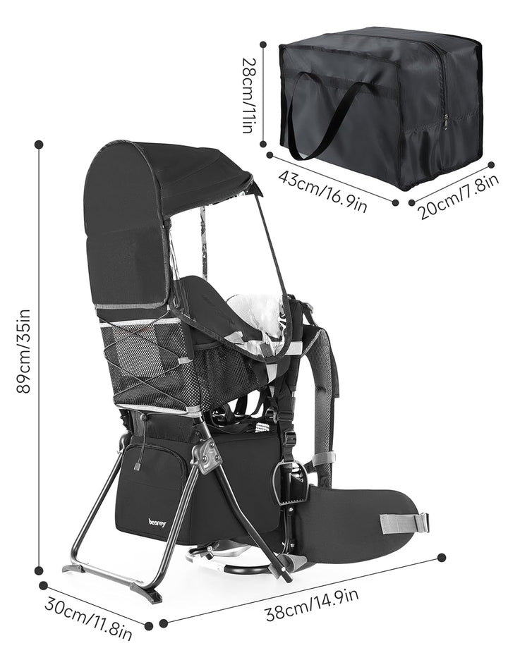 Baby Backpack Carrier, Toddler Hiking Backpack with Safety 3-Height Seat, Adjustable Straps&Waist Belt, Foldable Frame Lightweight Large Capacity Child Carrier for Hiking (Black)