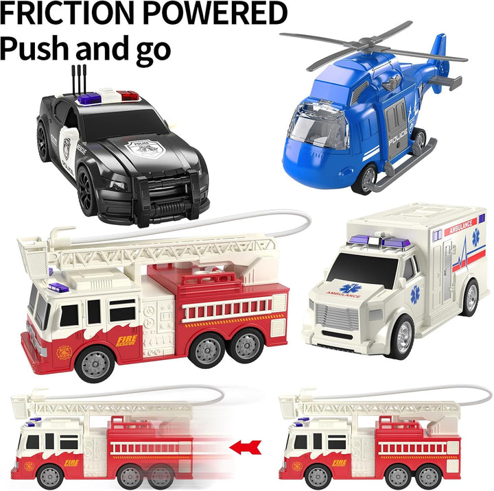 4 Pack Emergency Vehicle Toys for Kids 3 4 5 6 7 8 Years Old, Helicopter, Police Car, Fire Truck, Ambulance Friction Powered Toys for Toddlers, Gifts for Age 3-12 Boys Girls