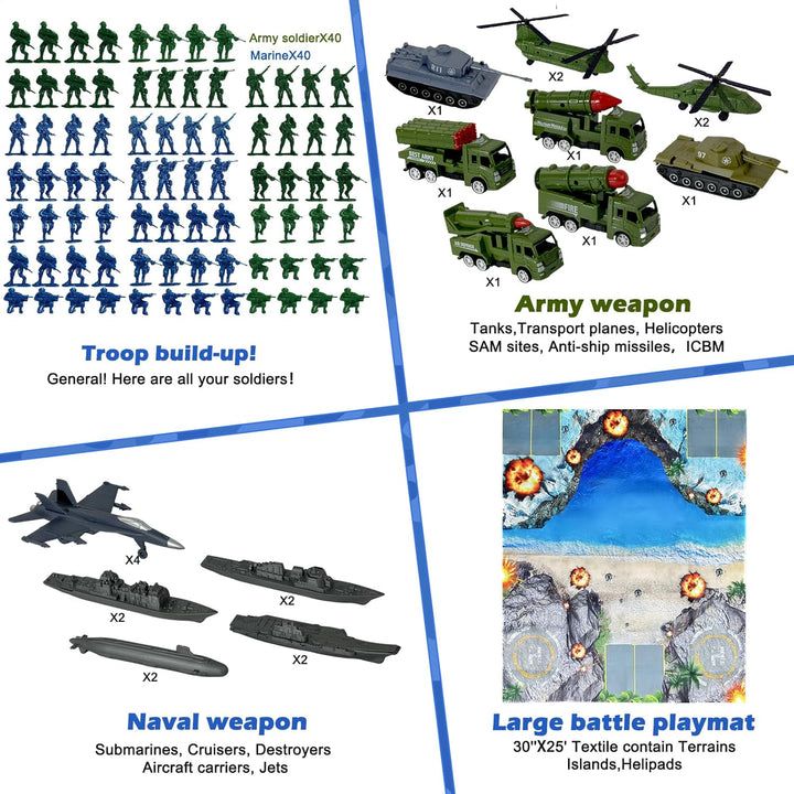 Army Men Playset - Large Set Including Army Men Action Figures, Battle Mat, Army and Navy Weapon Gear Accessories, Military Combat Toys, Army Toys for Boys Age 4-12