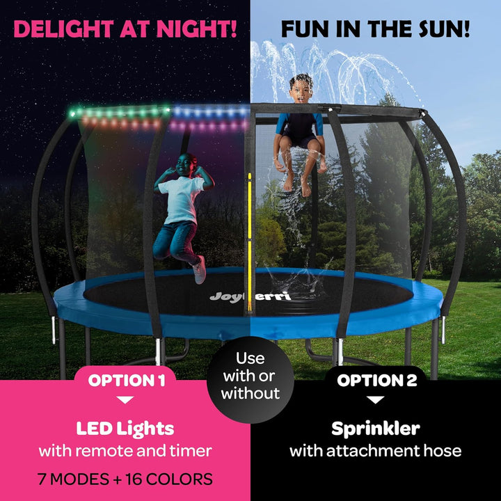 Trampoline Outdoor - ASTM Certified Safe, 8Ft, 10Ft, 12Ft, 14Ft, 15Ft, 16Ft Recreational Trampoline for Kids and Adults. Anti-Rust Coating with Enclosure Net, Ladder, Sprinkler & LED Lights