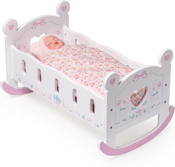 Wooden Baby Doll Crib, Baby Doll Bed Toys, for Dolls up to 18 Inch, Doll Accessories - with Mattress, Pillow, Quilt, Gift for Boys & Girls, Ages 3+