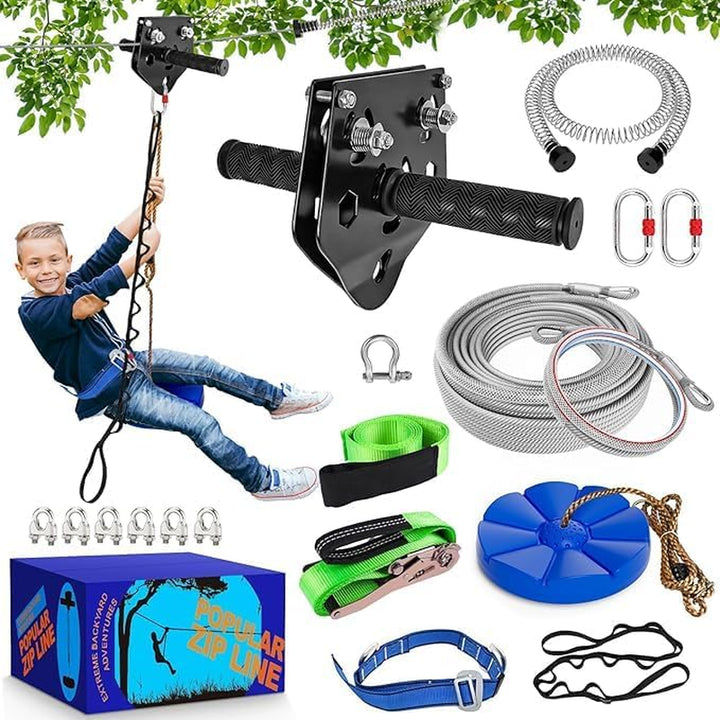 Zip Line Kit for Kids and Adults Outdoor: up to 500Lbs - 80FT Quick Tighten Zipline for Backyard with Removable Trolley Swing Seat Spring Brake Ratchet Strap