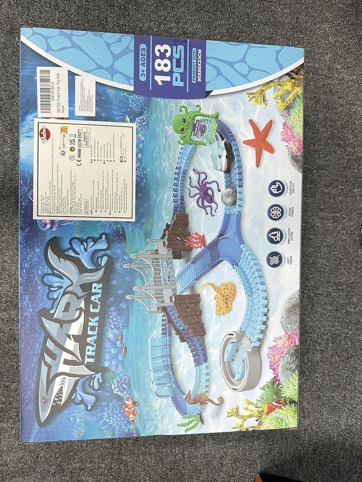Track Toys 183 Pcs Shark Race Car Toys for Boys Girls 3 4 5 6 7 9 Year, Bendable Flexible Racetrack Cars with Shark & Ball, Ocean Theme Train Toys, STEM Educational Playset Birthday Gift