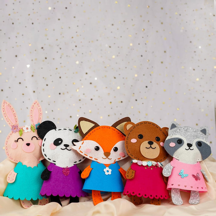 Kid Sewing Craft Kit to Make a Friend for Beginner Felt Craft Learn to Sew, Panda Fox Bunny Raccoon Bear 5 Animals