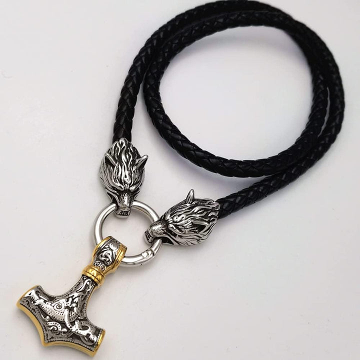 Stainless Steel Wolf Head Leather Chain Thor'S Hammer Pendant Men'S Necklace(Style 3 Gold,80Cm)
