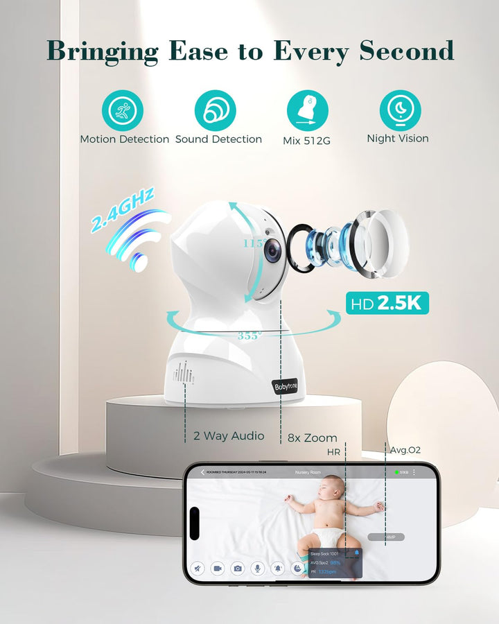Baby Monitor - Smart Sleep Sock & 2.5K HD Camera, Track Heart Rate & Average Oxygen Level, Cry/Motion Detect, Two-Way Audio and Night Vision Baby Monitor with APP